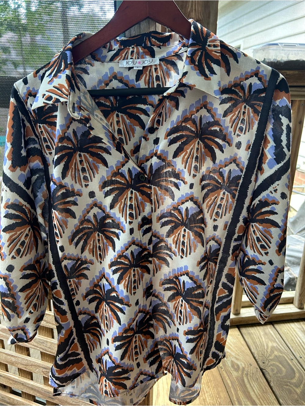 Joy Joy Floral Palm Print Blouse in Cream, Brown, Black & Blue